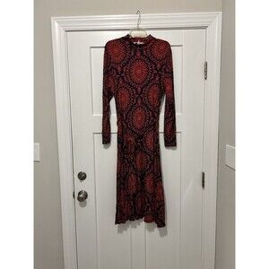 Boden Alberta Jersey Midi Dress Geometric Red Blue size 16 / 18 Modest Belt LS